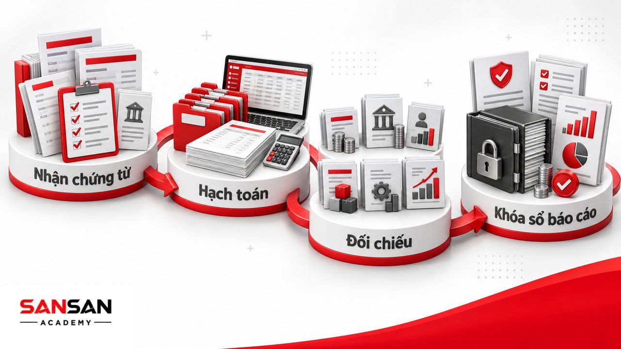 Quy trình phòng kế toán từ tiếp nhận chứng từ, phân loại hạch toán, đối chiếu số liệu đến kiểm soát nghĩa vụ, khóa sổ và lập báo cáo.