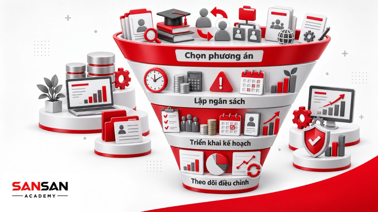 Quy trình kế hoạch nhân sự giai đoạn sau gồm chọn phương án, lập ngân sách, triển khai và cập nhật theo kết quả thực tế.