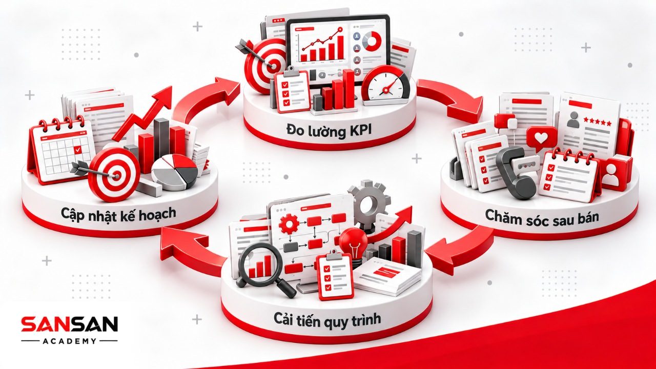 Quy trình quản trị bán hàng giai đoạn sau gồm đo KPI, chăm sóc sau bán, phân tích điểm nghẽn và điều chỉnh kế hoạch kỳ tiếp theo.