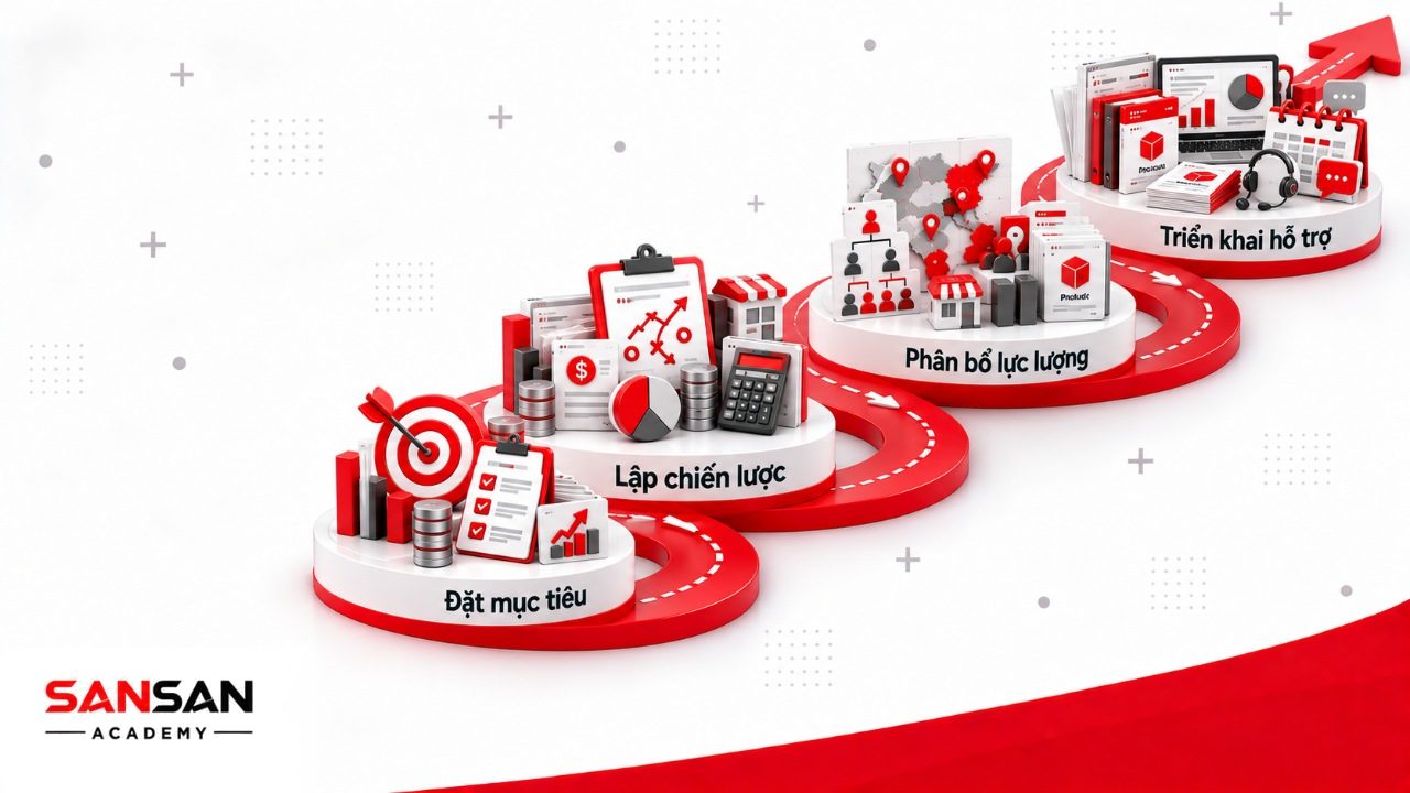 Quy trình quản lý bán hàng từ xác định chỉ tiêu, lập chiến lược ngân sách, phân bổ lực lượng đến triển khai và hỗ trợ đội ngũ.