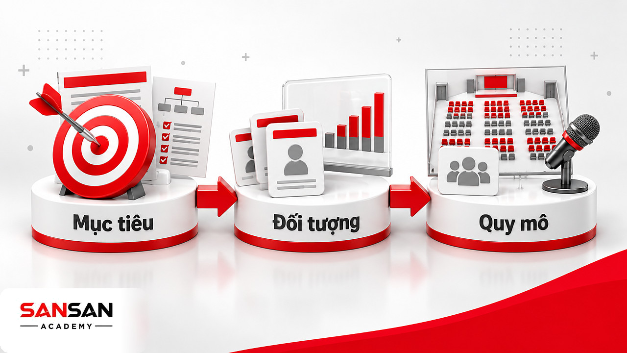 Ba bệ bước 1 của quy trình tổ chức sự kiện gồm bia mục tiêu, hồ sơ người tham dự và sơ đồ chỗ ngồi