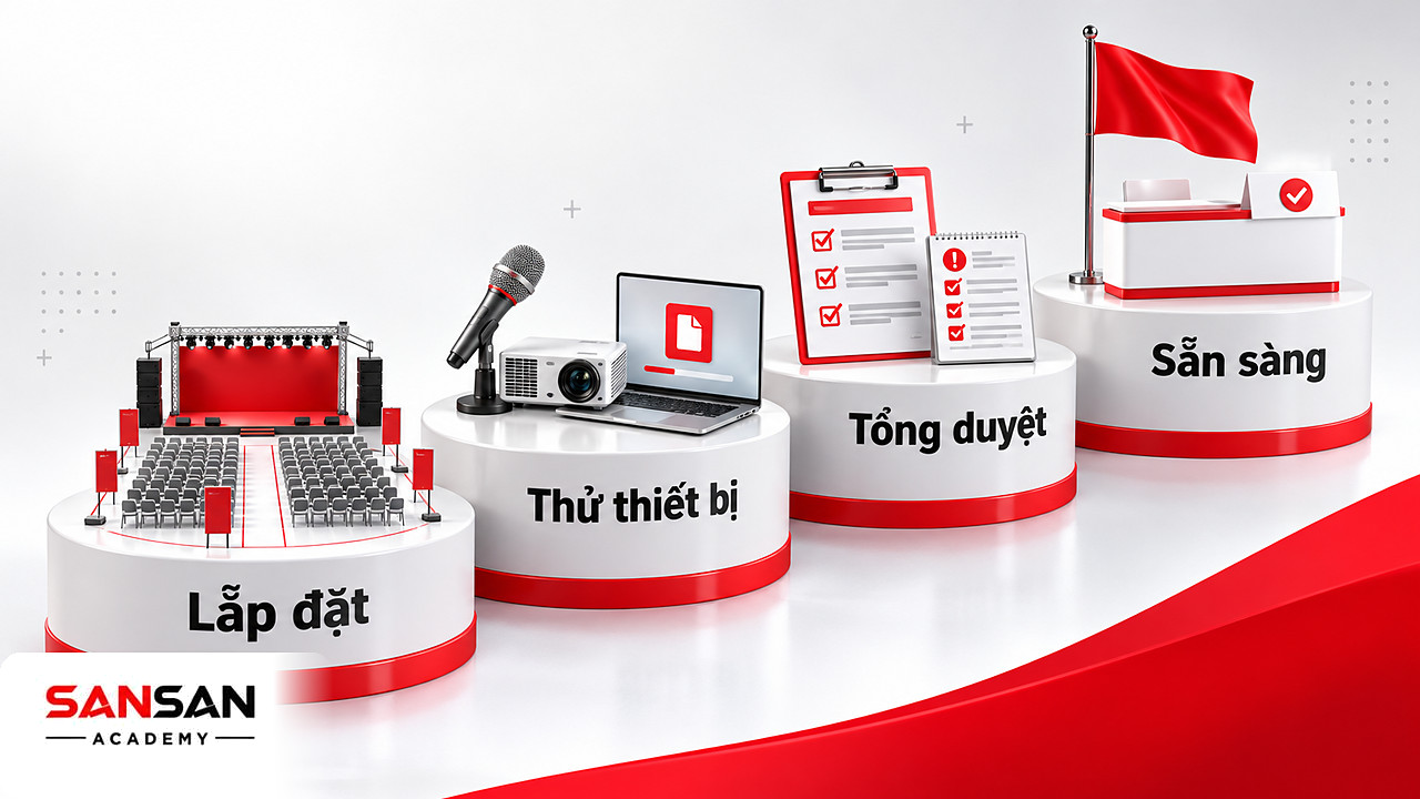 Bậc thang lắp đặt, thử thiết bị, tổng duyệt và sẵn sàng đón khách trong quy trình tổ chức sự kiện