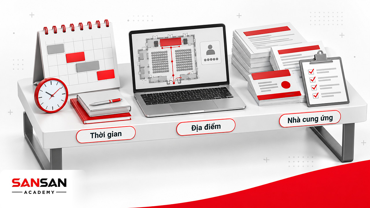 Bàn làm việc chọn thời gian, địa điểm, nhà cung ứng trong quy trình tổ chức sự kiện với lịch, sơ đồ và hợp đồng