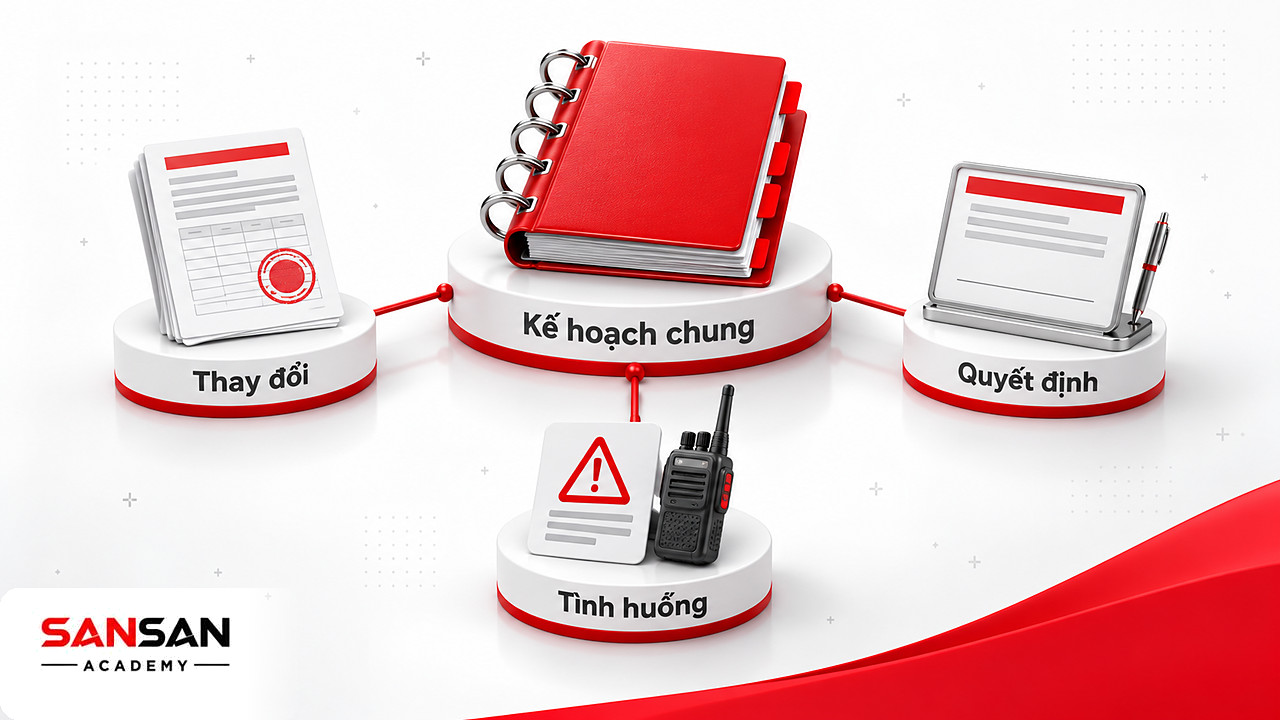 Hub kế hoạch chung nối nhật ký phiên bản, bảng quyết định và thẻ tình huống trong quy trình tổ chức sự kiện