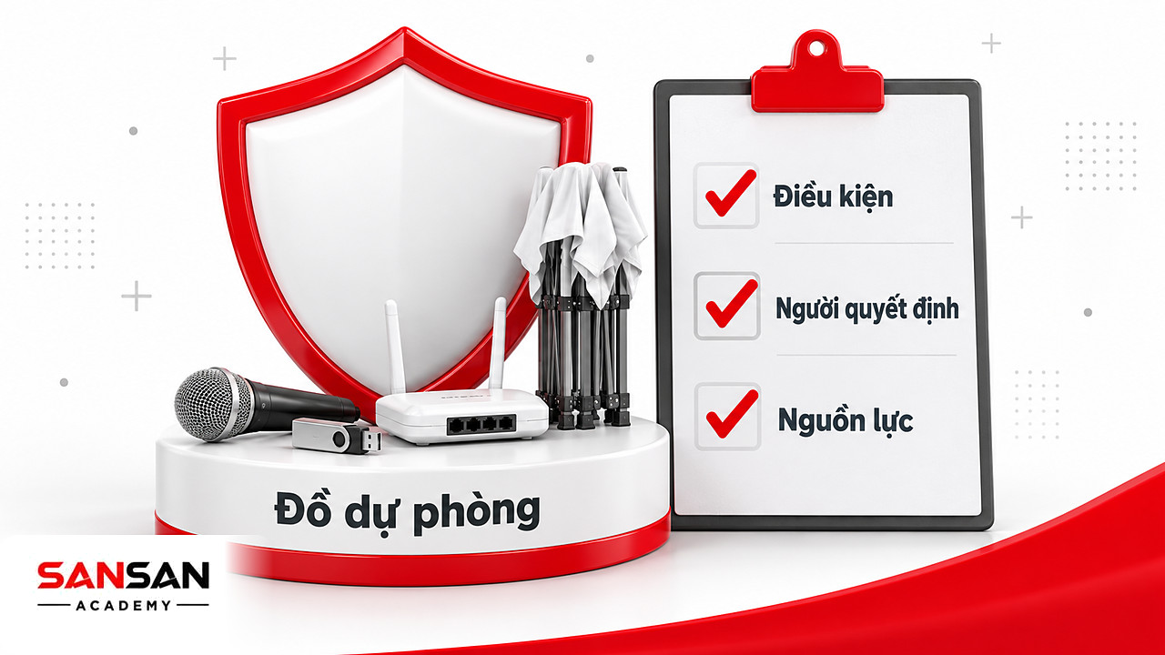 Khiên dự phòng gồm micro, USB, bộ phát mạng và danh sách kích hoạt trong quy trình tổ chức sự kiện