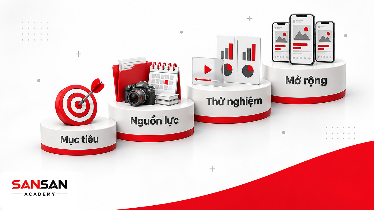 Bậc thang quy trình triển khai shoppertainment từ mục tiêu, chuẩn bị nguồn lực, thử nghiệm đến mở rộng