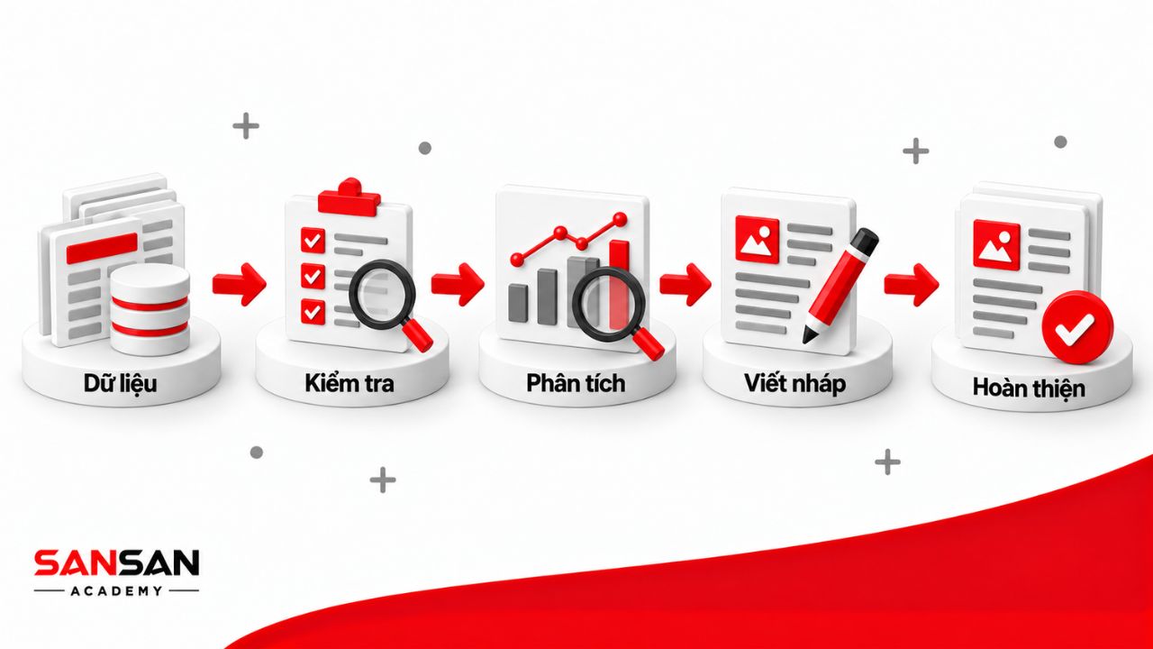 Năm trạm từ dữ liệu, kiểm tra đến phân tích, viết nháp và hoàn thiện.