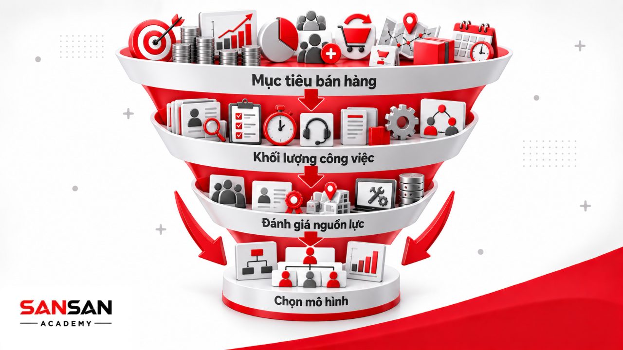 Quy trình xây dựng cơ cấu phòng kinh doanh từ xác định mục tiêu, đánh giá khối lượng và nguồn lực đến lựa chọn mô hình tổ chức phù hợp.