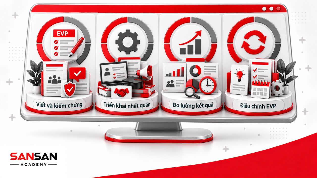 Quy trình EVP giai đoạn sau gồm viết thông điệp, triển khai trong tuyển dụng và trải nghiệm nhân viên, đo lường rồi điều chỉnh theo dữ liệu.
