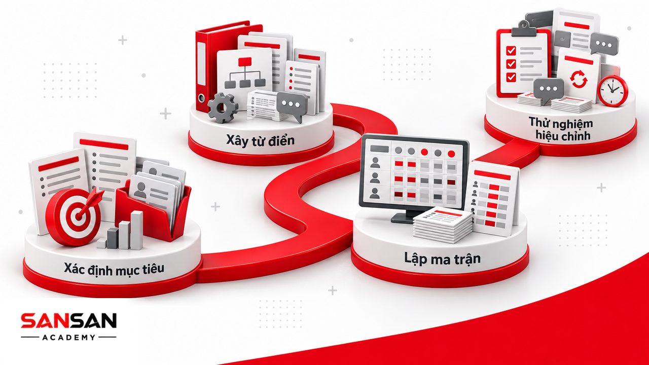 Quy trình xây dựng khung năng lực từ xác định mục tiêu, chuẩn hóa chức danh, xây từ điển và ma trận đến thử nghiệm hiệu chỉnh.