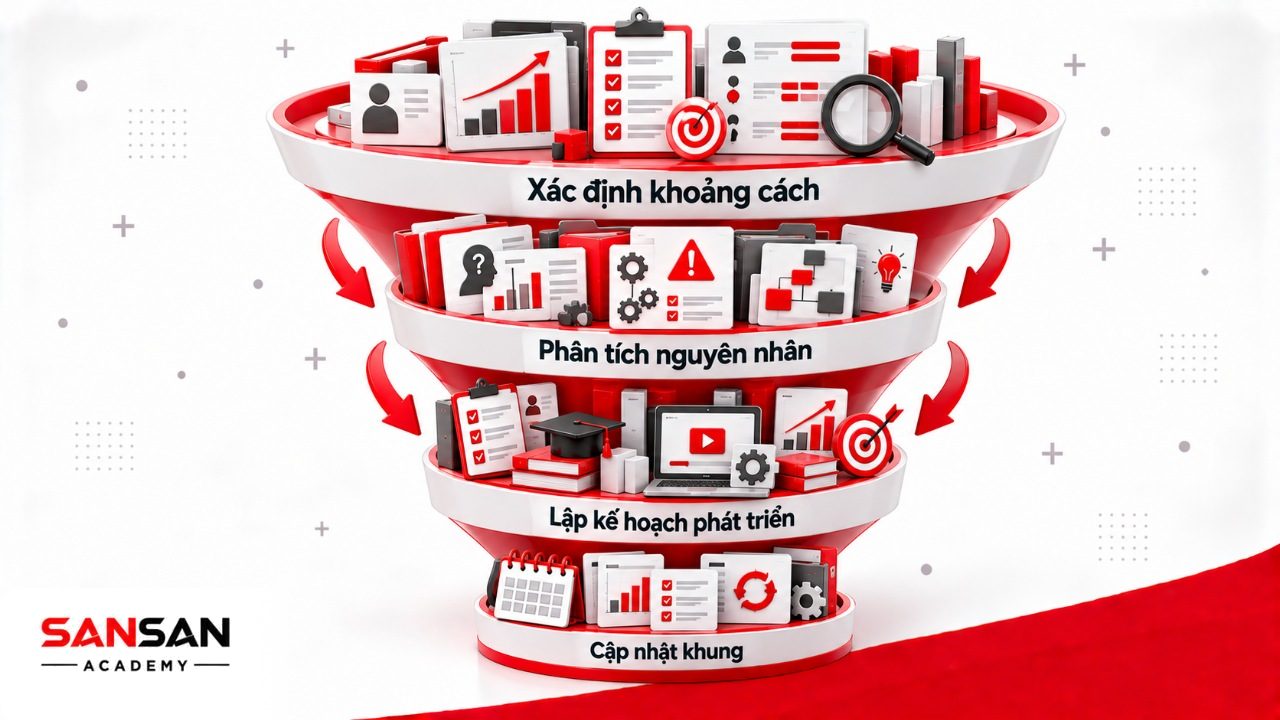 Quy trình khung năng lực COID giai đoạn sau gồm xác định khoảng cách, phân tích nguyên nhân, xây kế hoạch phát triển và cập nhật khung.
