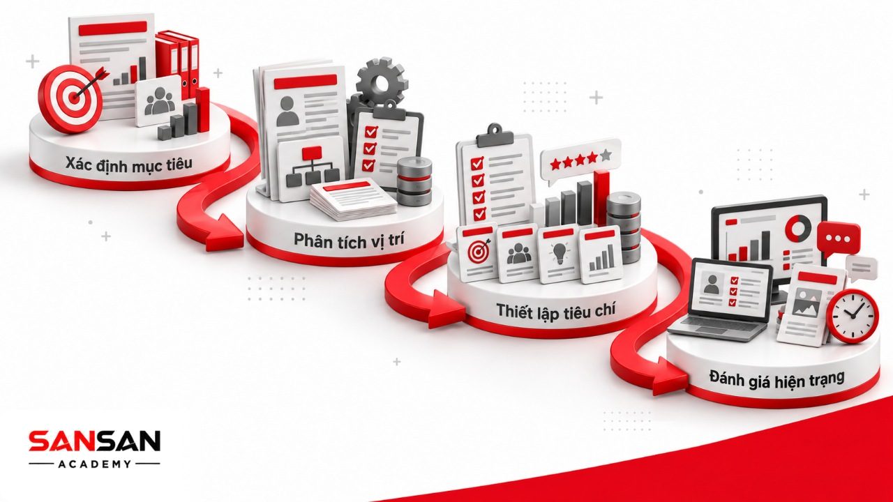 Quy trình xây dựng khung năng lực COID từ mục tiêu kinh doanh, yêu cầu vị trí, tiêu chí thang điểm đến đánh giá năng lực hiện tại.