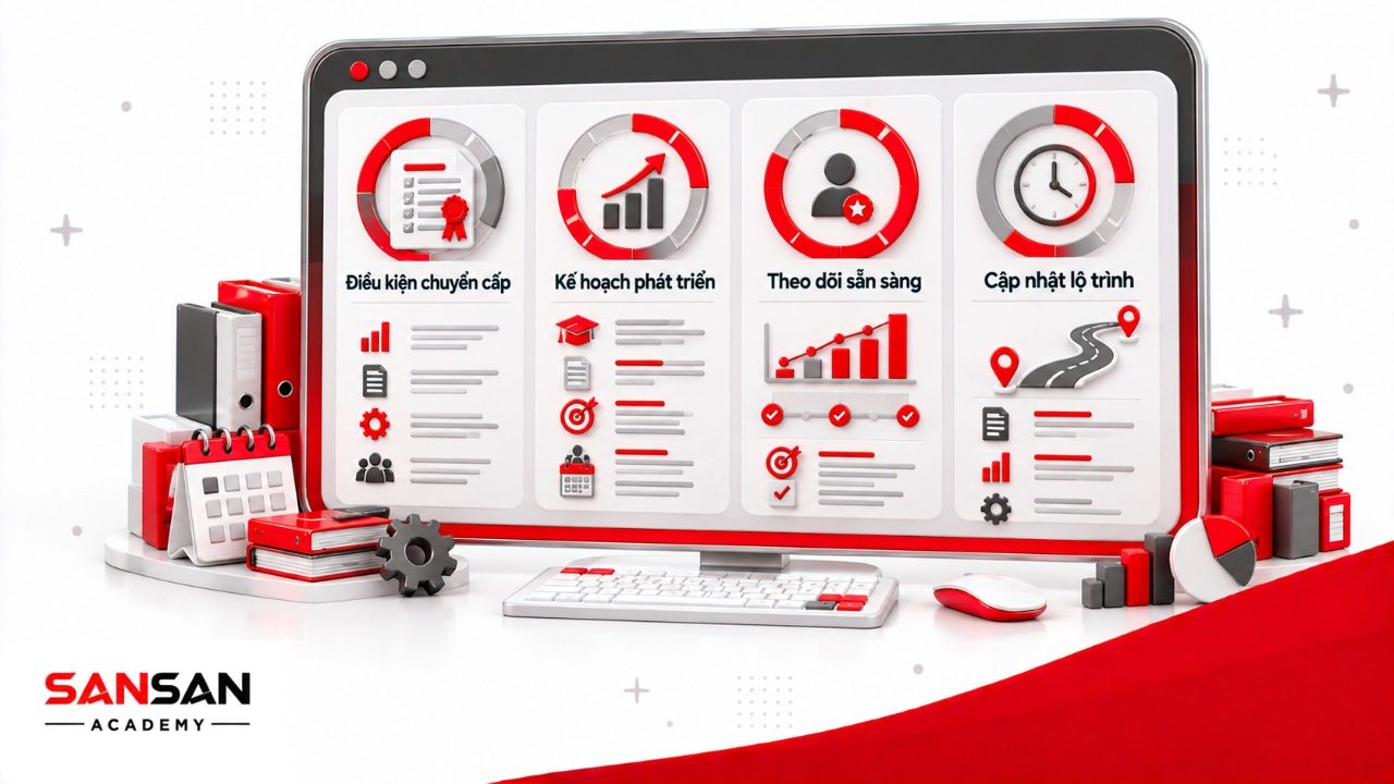 Quy trình lộ trình thăng tiến giai đoạn sau gồm tiêu chí chuyển cấp, kế hoạch phát triển, theo dõi mức sẵn sàng và cập nhật hệ thống.