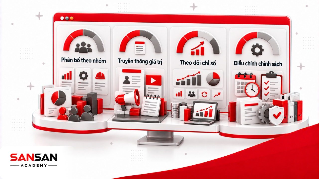 Quy trình Total Rewards giai đoạn sau gồm phân bổ theo nhóm nhân sự, truyền thông, theo dõi chỉ số và điều chỉnh chính sách theo dữ liệu.