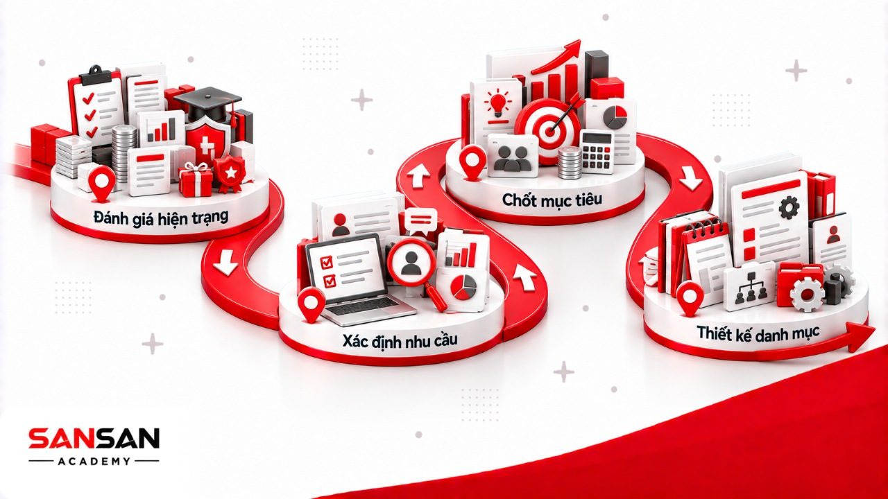 Quy trình xây dựng Total Rewards từ đánh giá hệ thống hiện tại, xác định nhu cầu nhân viên, mục tiêu ngân sách đến thiết kế danh mục đãi ngộ.