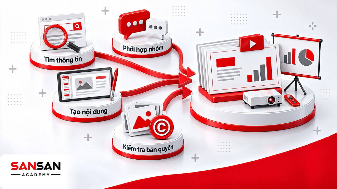 Nhiều miền năng lực số cùng quy về một bài thuyết trình nhóm, từ tìm thông tin đến kiểm tra bản quyền