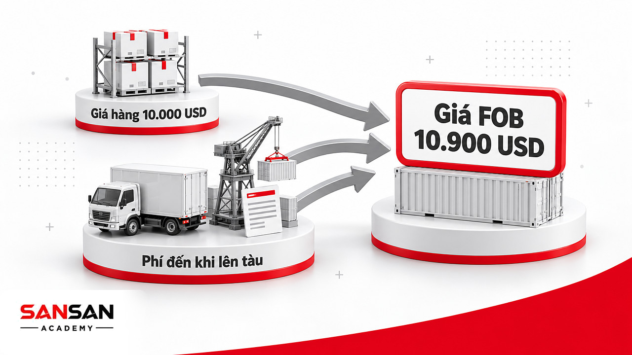 Giá hàng tại kho cộng chi phí đến lúc lên tàu tạo giá FOB 10.900 USD cho cả lô hàng