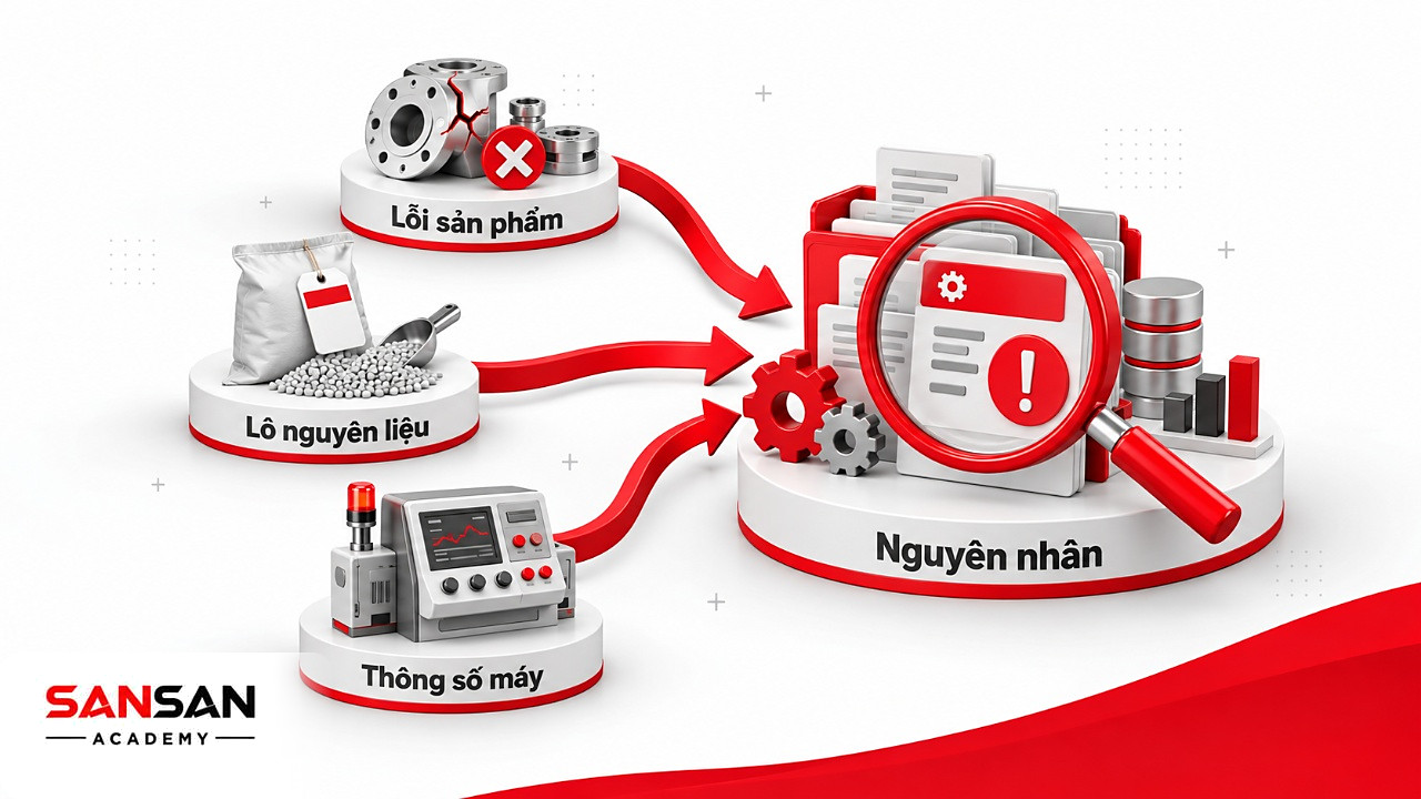 Lỗi sản phẩm, lô nguyên liệu và thông số máy quy tụ để tìm nguyên nhân trong công nghiệp thông minh