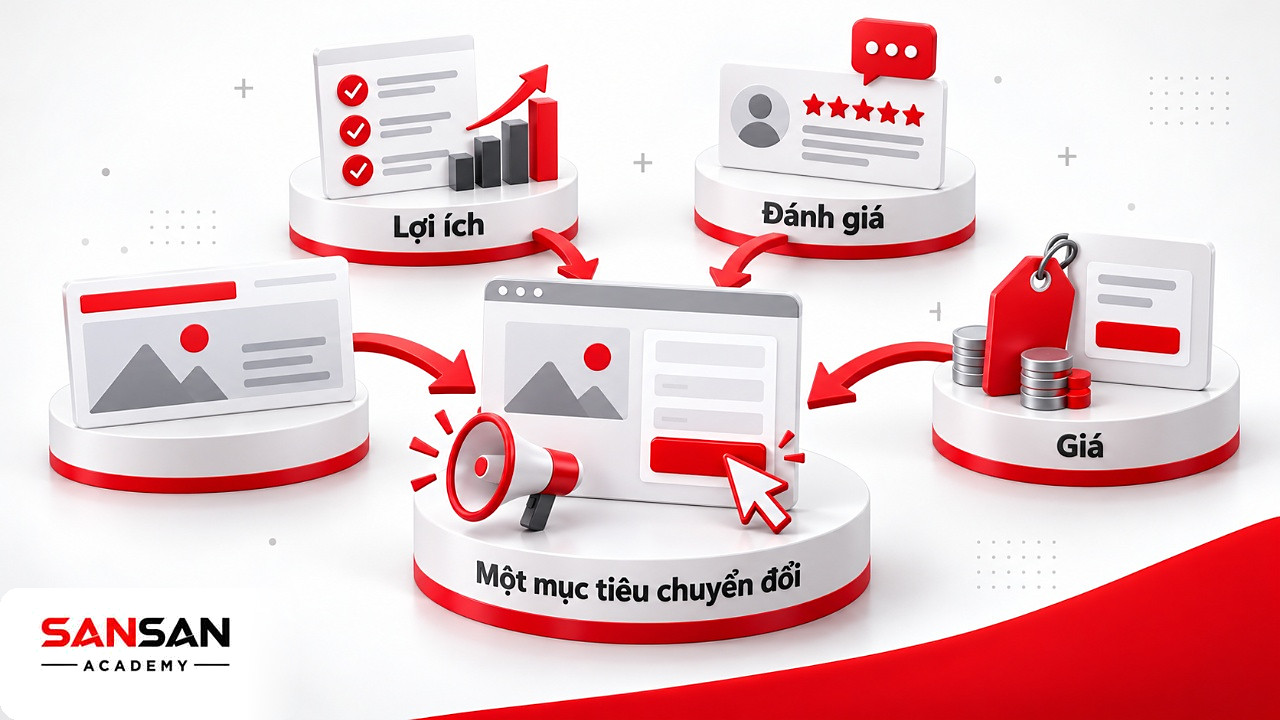 Các khối nội dung của Landing Page cùng dẫn về một nút kêu gọi hành động duy nhất cho mục tiêu chuyển đổi