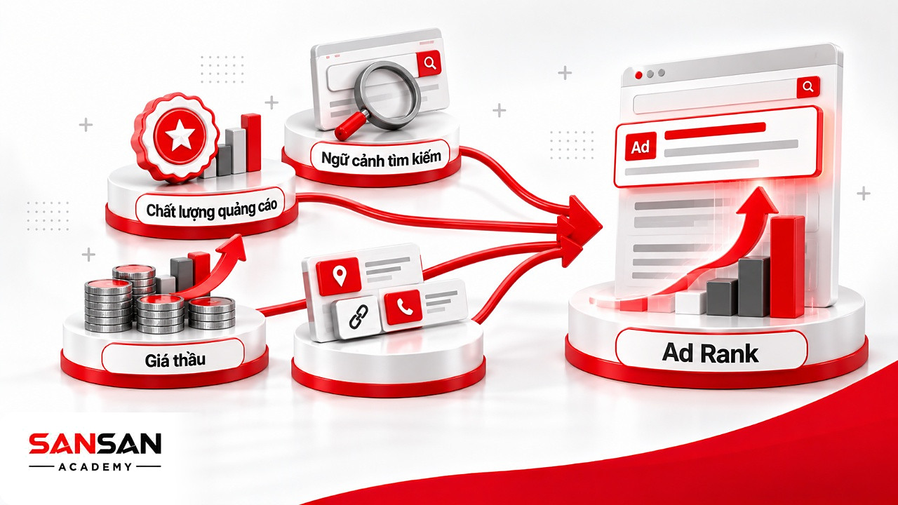 Giá thầu, chất lượng quảng cáo, ngữ cảnh tìm kiếm và tiện ích quy tụ thành Ad Rank quyết định vị trí SEM