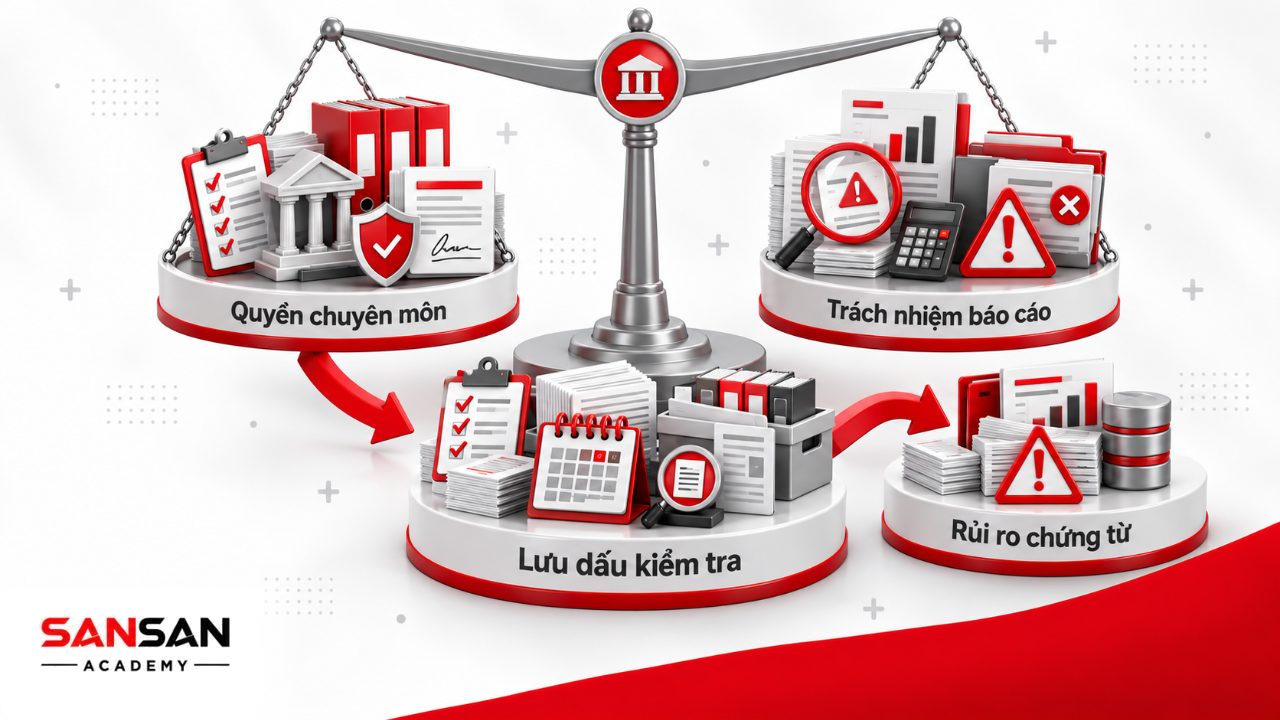 Quyền hạn và rủi ro Chief Accountant gồm độc lập chuyên môn, trách nhiệm báo cáo, chứng từ thiếu căn cứ và áp lực xử lý sai quy định.