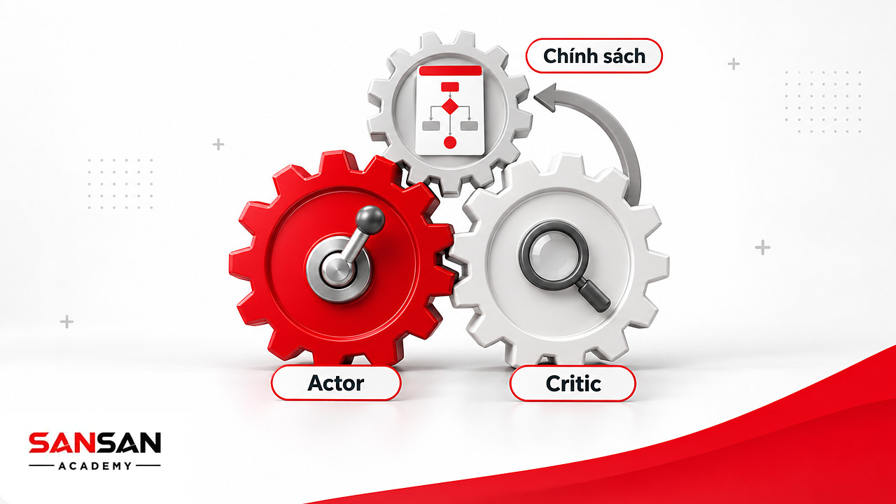 Bánh răng Actor chọn hành động ăn khớp với Critic đánh giá trong Reinforcement Learning