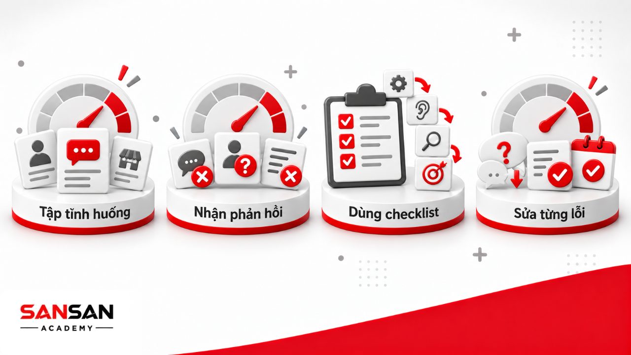 Rèn luyện kỹ năng giao tiếp với khách hàng qua tình huống thực hành, phản hồi cụ thể và checklist trước, trong và sau trao đổi.