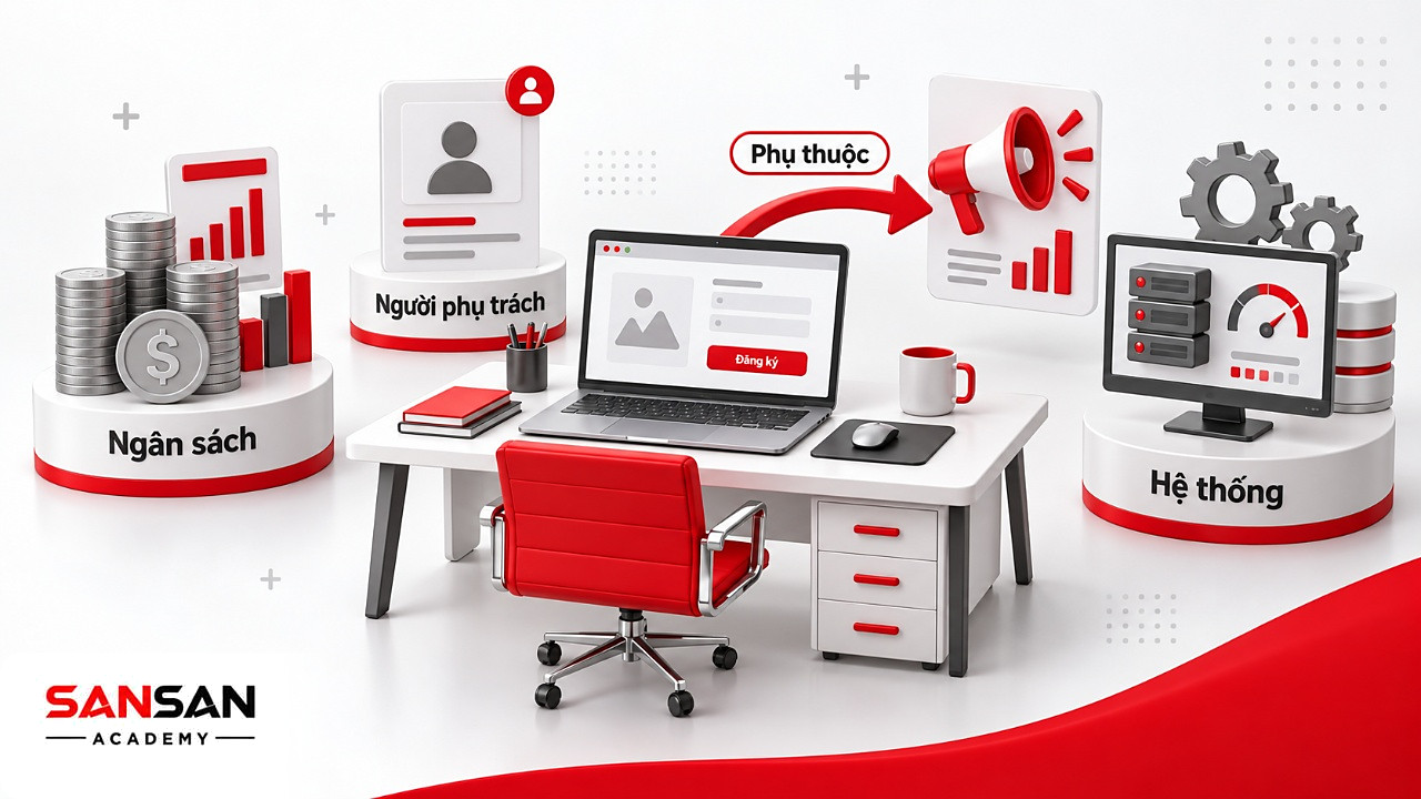 Bàn làm việc có ngân sách, hồ sơ người phụ trách và mũi tên phụ thuộc giữa trang đăng ký với chiến dịch trong roadmap