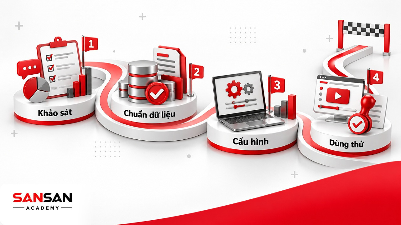 Đường đi bốn cột mốc khảo sát, chuẩn hóa dữ liệu, cấu hình và dùng thử trong một project roadmap