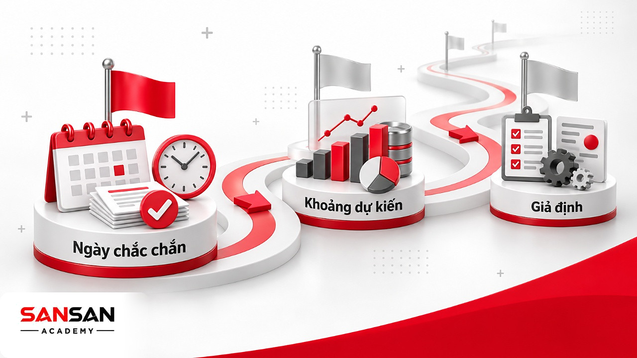 Đường đi với cột mốc gần cắm cờ đỏ có ngày cụ thể và cột mốc xa mờ dạng khoảng thời gian trên roadmap
