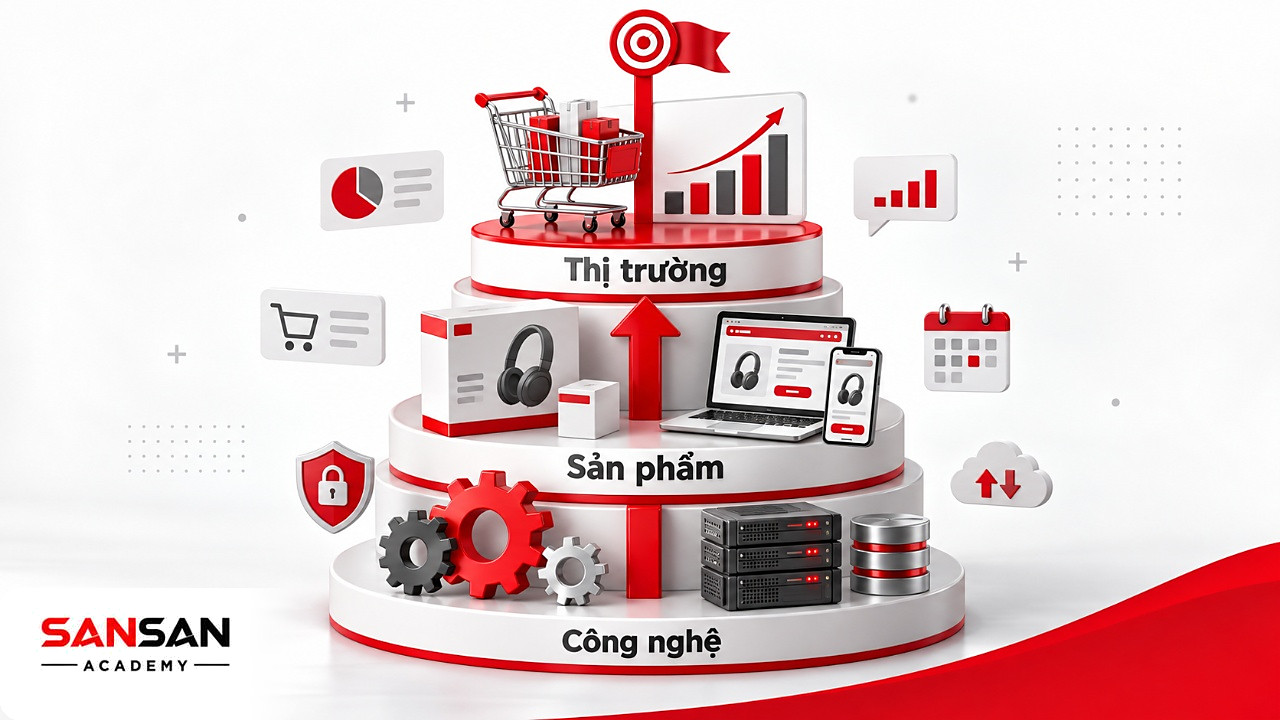 Kim tự tháp ba tầng thị trường, sản phẩm, công nghệ cho thấy roadmap nối mục tiêu với ưu tiên triển khai