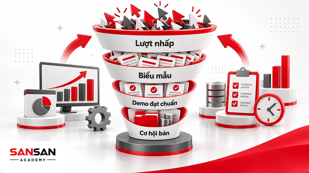 Phễu bốn tầng từ lượt nhấp, biểu mẫu đến demo đạt chuẩn và cơ hội bán hàng trong roadmap marketing