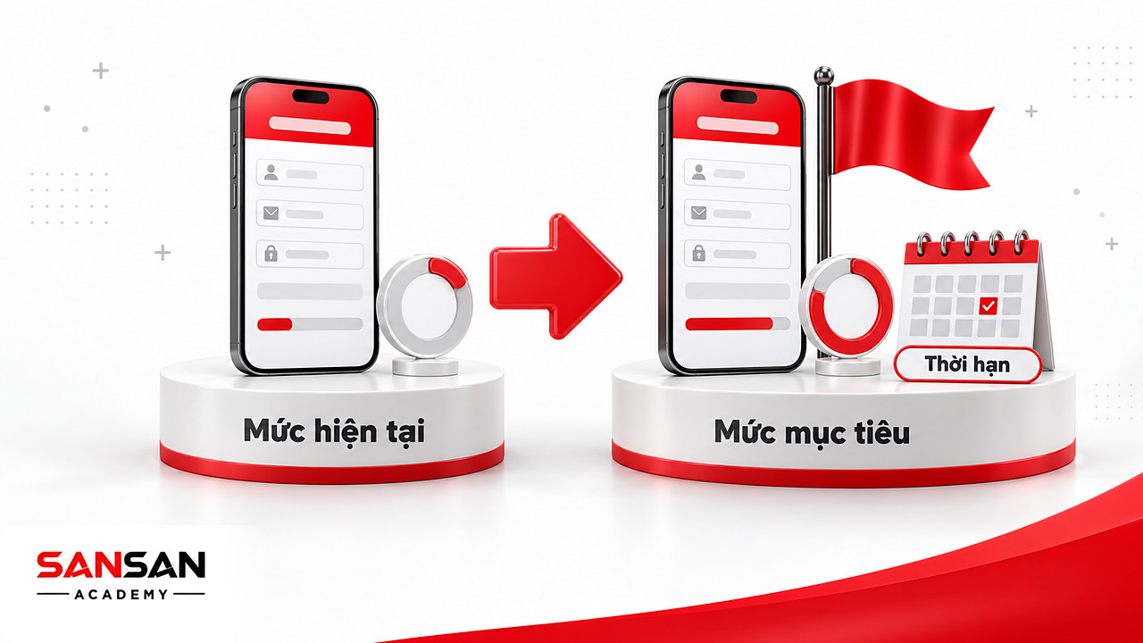 Hai màn hình đăng ký so mức hiện tại với mức mục tiêu kèm lịch thời hạn trong roadmap