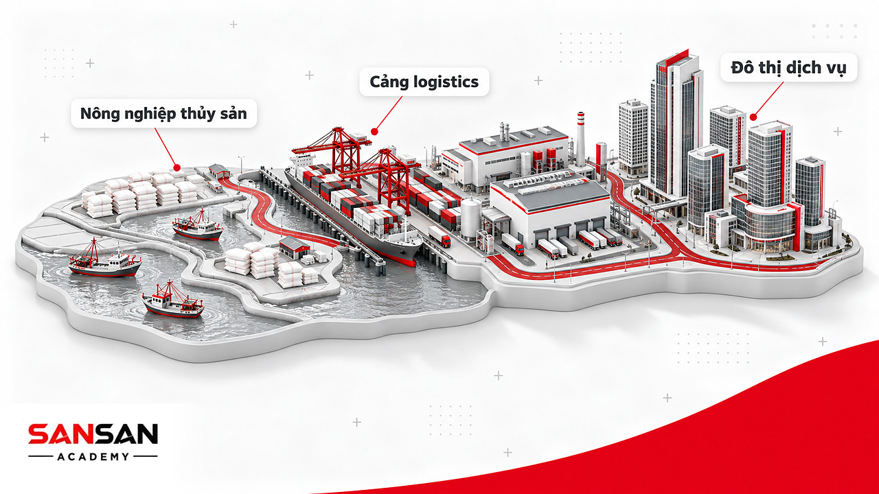 Sa bàn phân bố hoạt động kinh tế theo vùng: đồng bằng, cảng biển, khu công nghiệp và đô thị