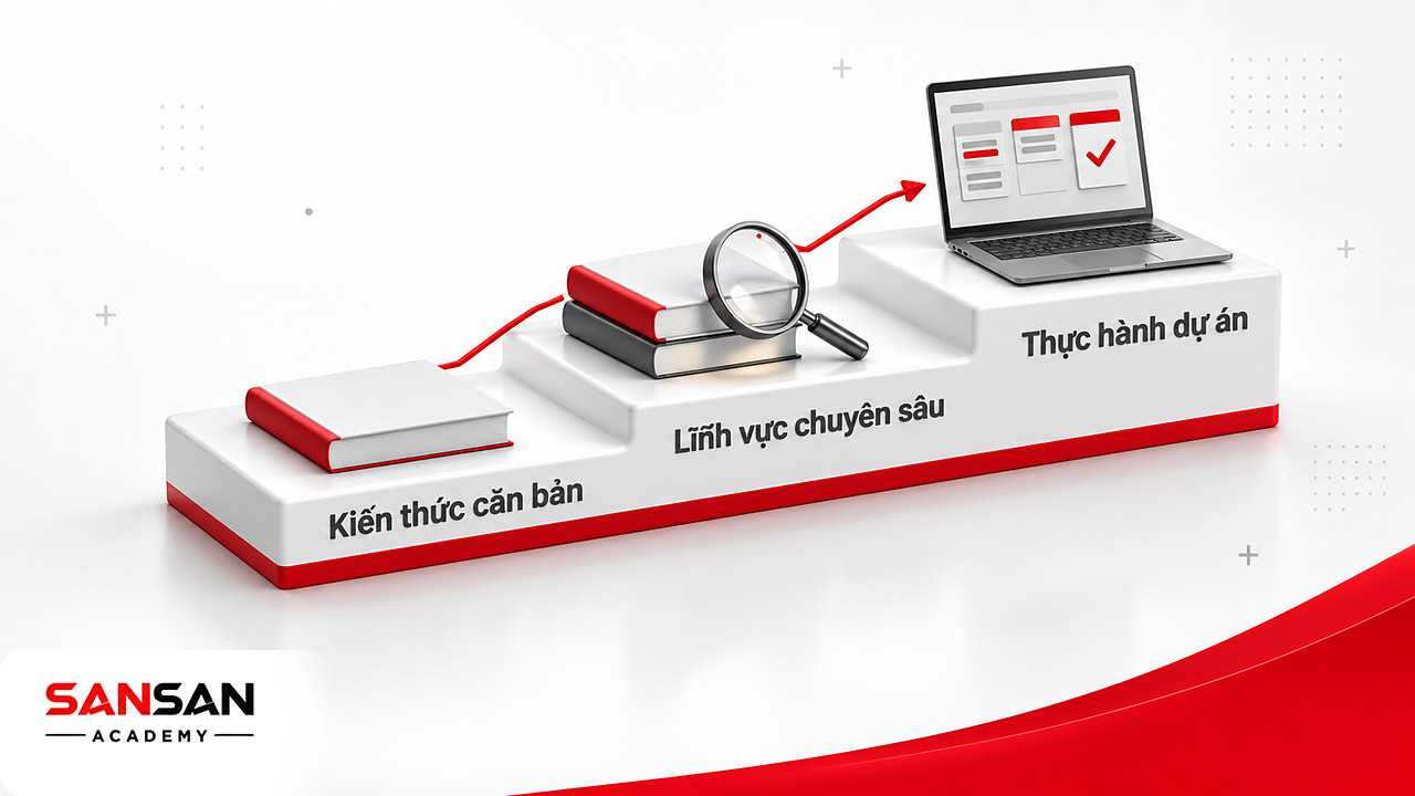 Bậc thang ba giai đoạn tự học: căn bản, chuyên sâu, thực hành dự án theo lộ trình sách Marketing hay