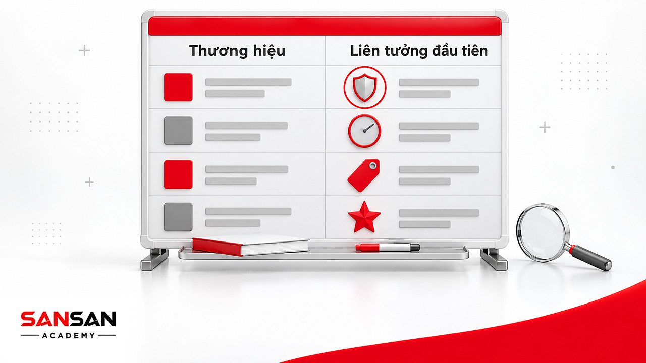 Bảng hai cột ghi thương hiệu và liên tưởng đầu tiên, bài tập định vị rút ra từ sách Marketing hay