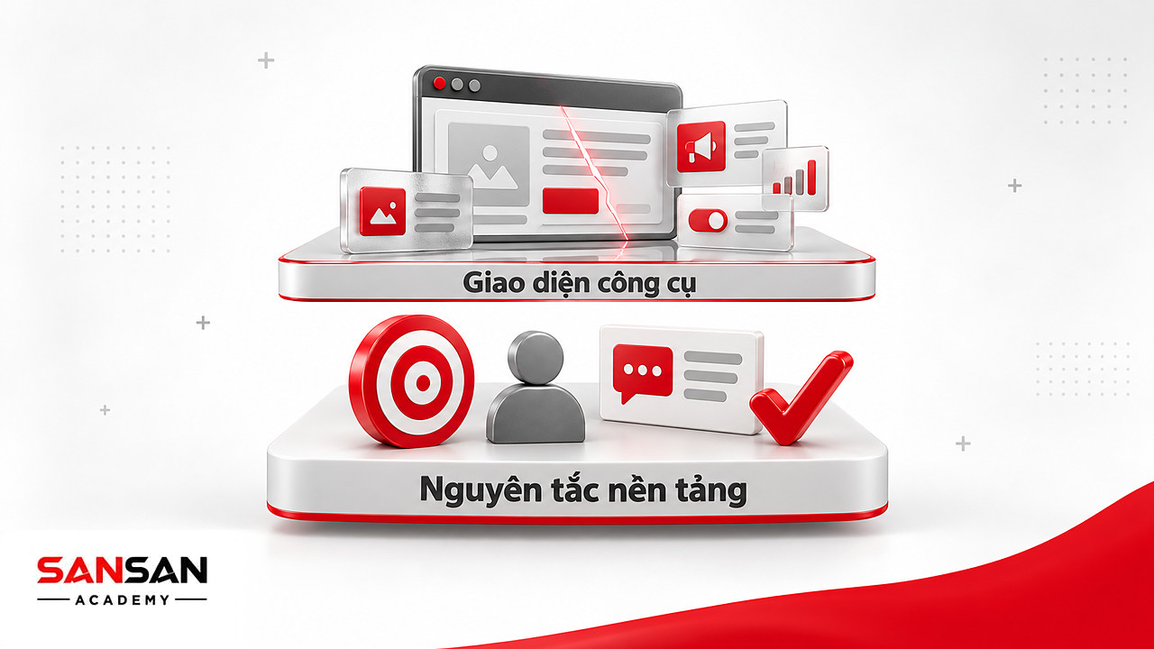 Hai lớp kiến thức: giao diện công cụ dễ cũ ở trên, nguyên tắc nền tảng bền ở dưới trong sách Marketing hay