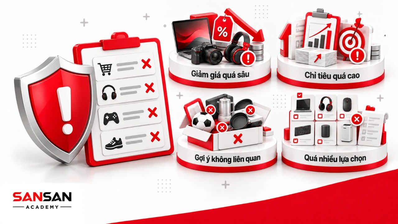 Sai lầm Cross Selling gồm gợi ý sản phẩm không liên quan, đưa quá nhiều lựa chọn, giảm giá combo quá sâu và đặt chỉ tiêu bán chéo quá cao.