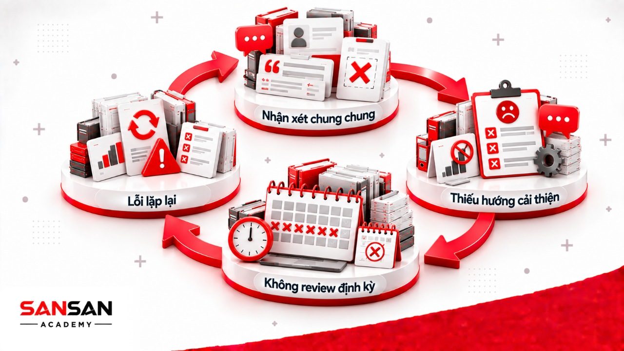 Sai lầm khi đánh giá nhân viên gồm nhận xét chung chung, phản hồi không có hướng cải thiện và không duy trì review định kỳ.