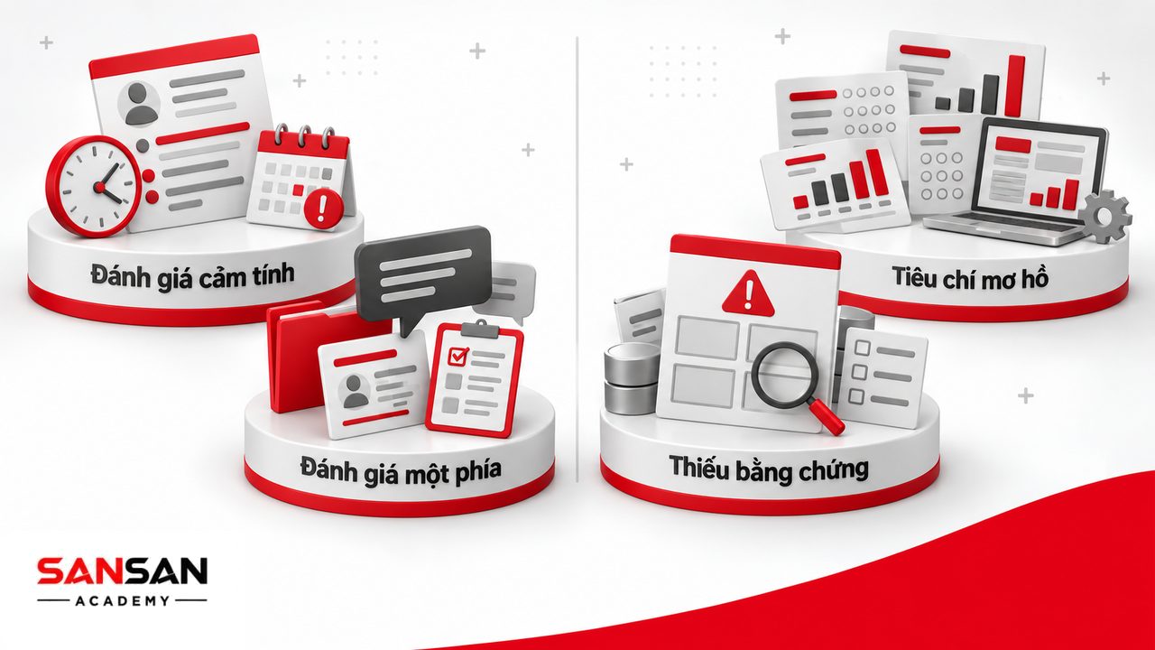 Sai lầm khi đánh giá nhân viên gồm cảm tính, tiêu chí không rõ, đánh giá một phía và kết luận thiếu bằng chứng.
