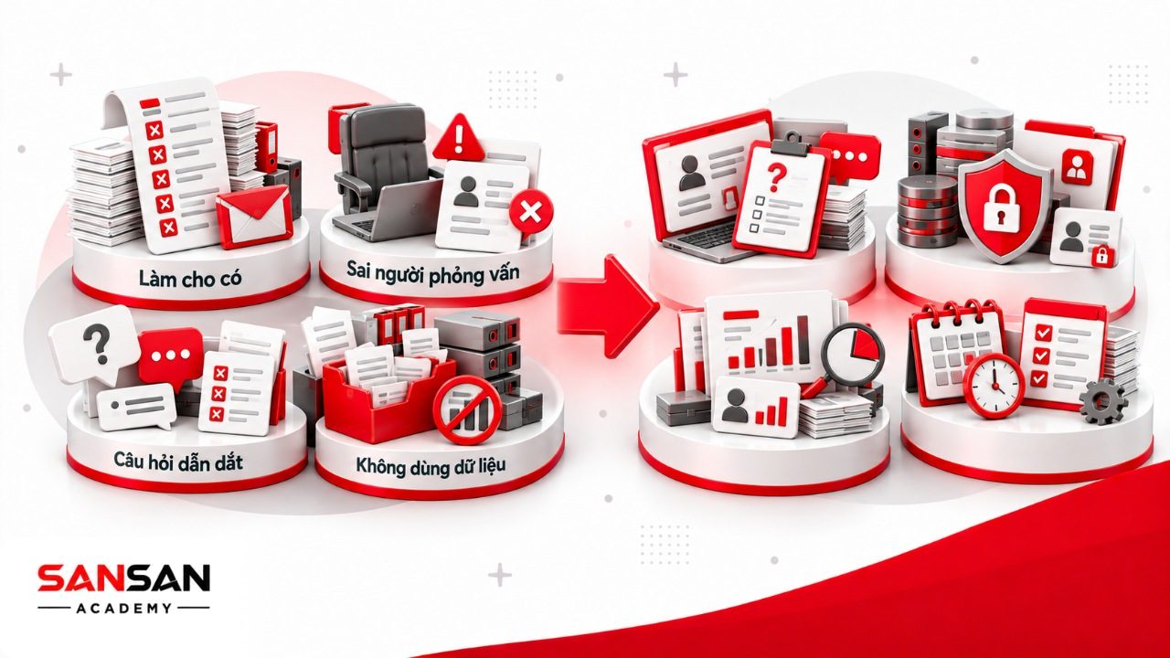 Sai lầm Exit Interview gồm làm hình thức, chọn sai người phỏng vấn, dùng câu hỏi dẫn dắt, thiếu bảo mật và thu dữ liệu nhưng không hành động.