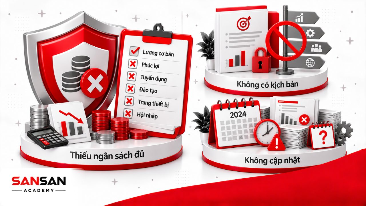 Sai lầm kế hoạch nhân sự gồm tính thiếu ngân sách, không có phương án cho thay đổi và không theo dõi cập nhật định kỳ.