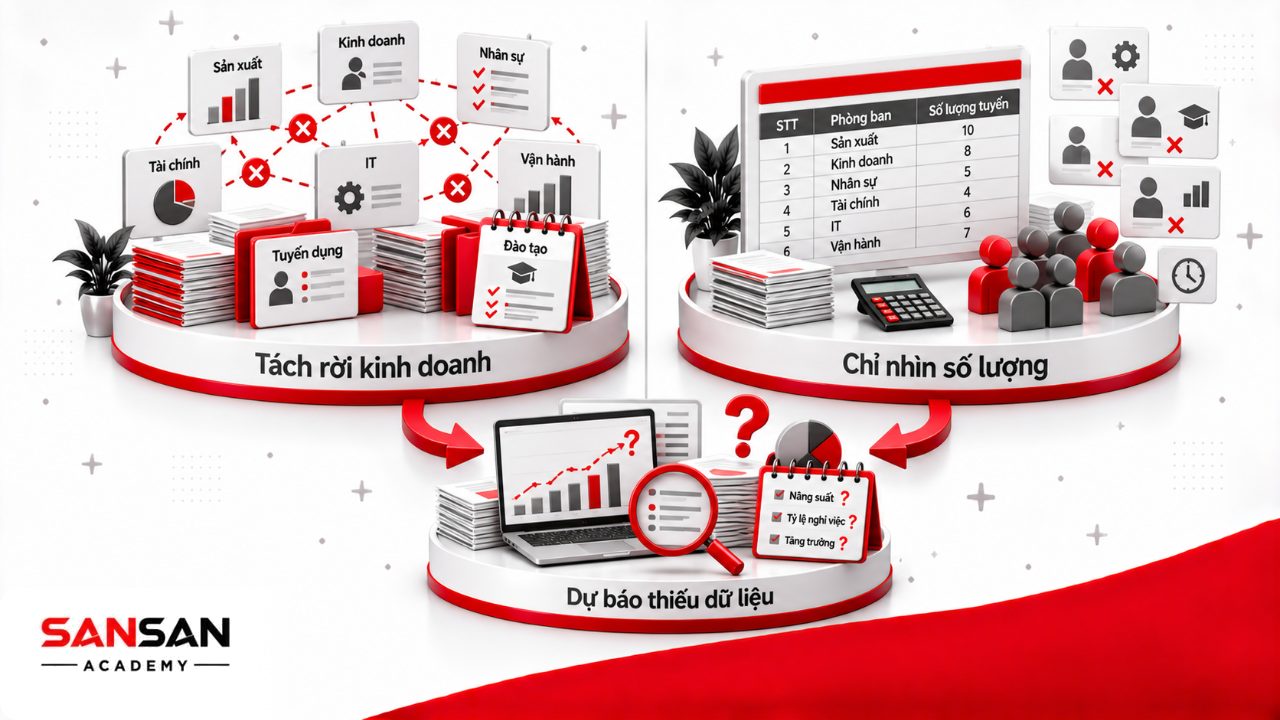 Sai lầm khi lập kế hoạch nhân sự gồm tách rời mục tiêu kinh doanh, chỉ tập trung số lượng và dự báo nhu cầu thiếu dữ liệu.