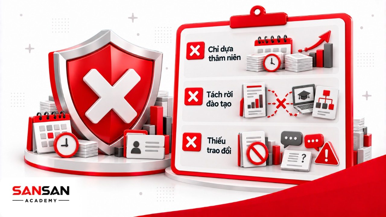 Sai lầm lộ trình thăng tiến gồm chỉ dựa vào thâm niên, không gắn với đánh giá đào tạo và thiếu trao đổi giữa quản lý với nhân viên.