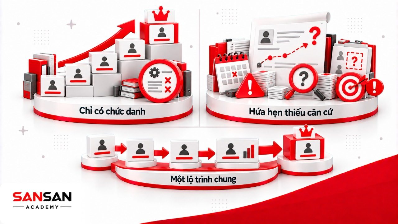 Sai lầm khi xây dựng lộ trình thăng tiến gồm chỉ liệt kê chức danh, hứa cơ hội không thực tế và áp một con đường cho mọi nhân viên.