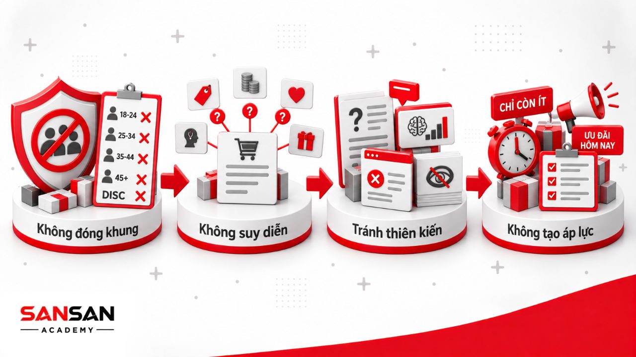 Sai lầm khi phân tích tâm lý khách hàng gồm đóng khung theo tuổi hoặc DISC, suy diễn động cơ, thiên kiến xác nhận và tạo khan hiếm giả.