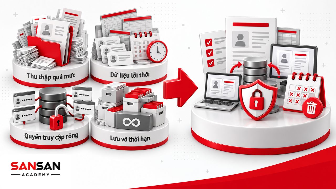 Sai lầm quản lý hồ sơ nhân sự gồm thu thập quá nhiều, không cập nhật, thiếu phân quyền bảo mật và lưu dữ liệu vô thời hạn.
