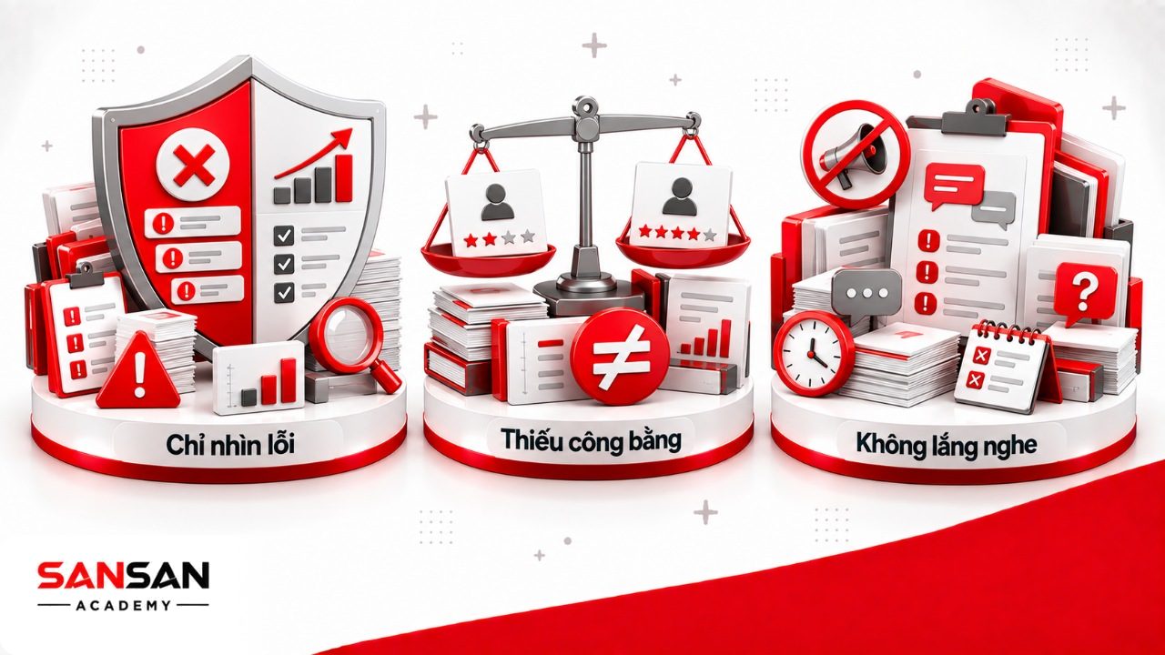 Sai lầm quản lý nhân viên gồm chỉ tập trung vào lỗi, thiếu công bằng trong đánh giá khen thưởng và không lắng nghe phản hồi đội ngũ.