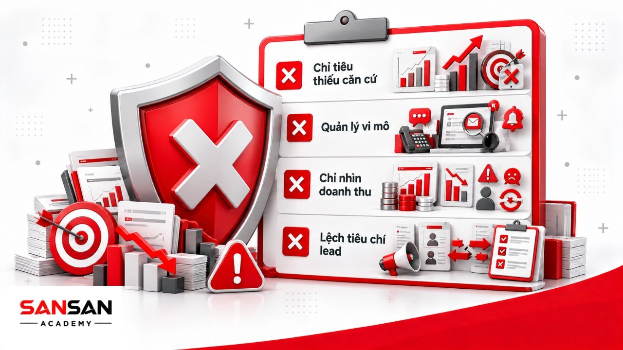 Sai lầm quản trị bán hàng gồm giao chỉ tiêu thiếu căn cứ, quản lý vi mô, chỉ đánh giá doanh thu và sales marketing không thống nhất lead.