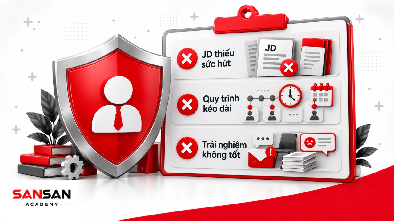 Sai lầm thu hút nhân tài gồm mô tả công việc thiếu sức hút, quy trình tuyển dụng kéo dài và trải nghiệm ứng viên không tốt.